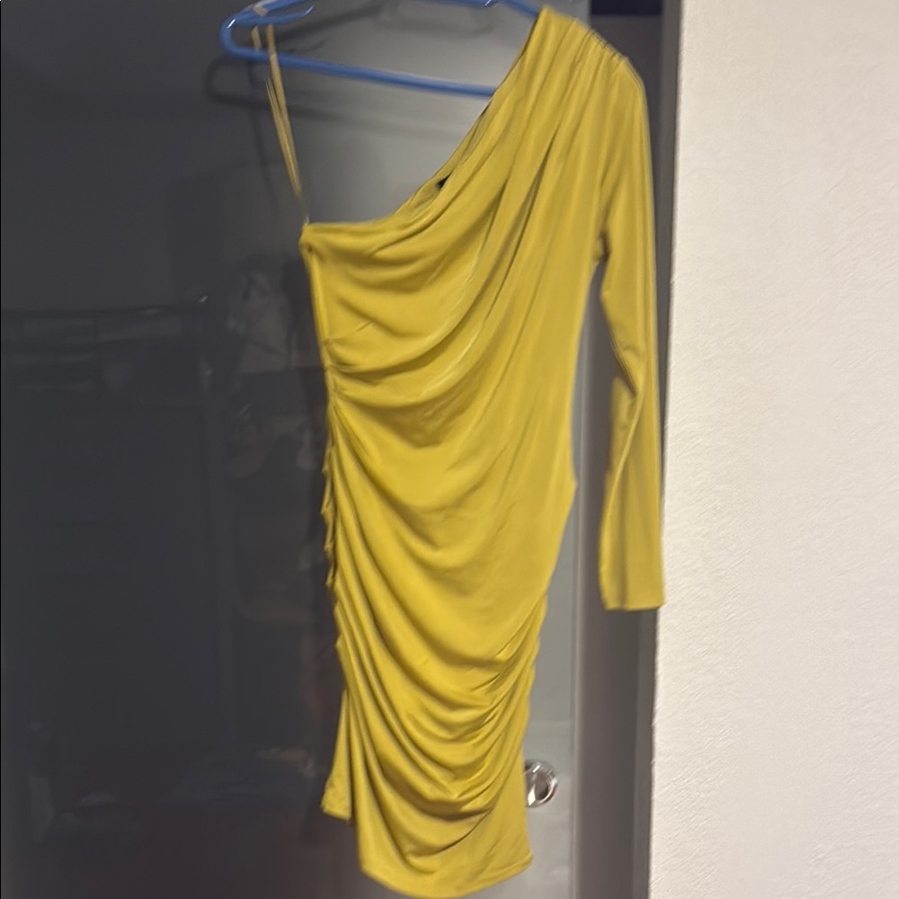 Express Yellow Asymmetrical Ruched Bodycon Dress